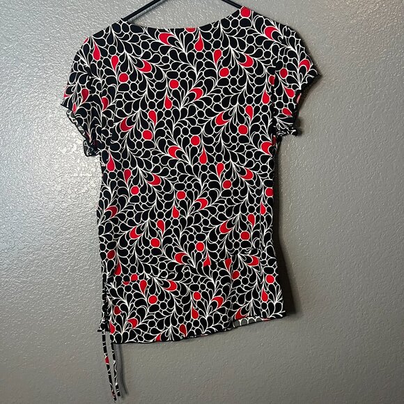 Red White Black Abstract Print Faux Wrap Ruched Short Sleeve Top Size L/XL - Picture 4 of 4